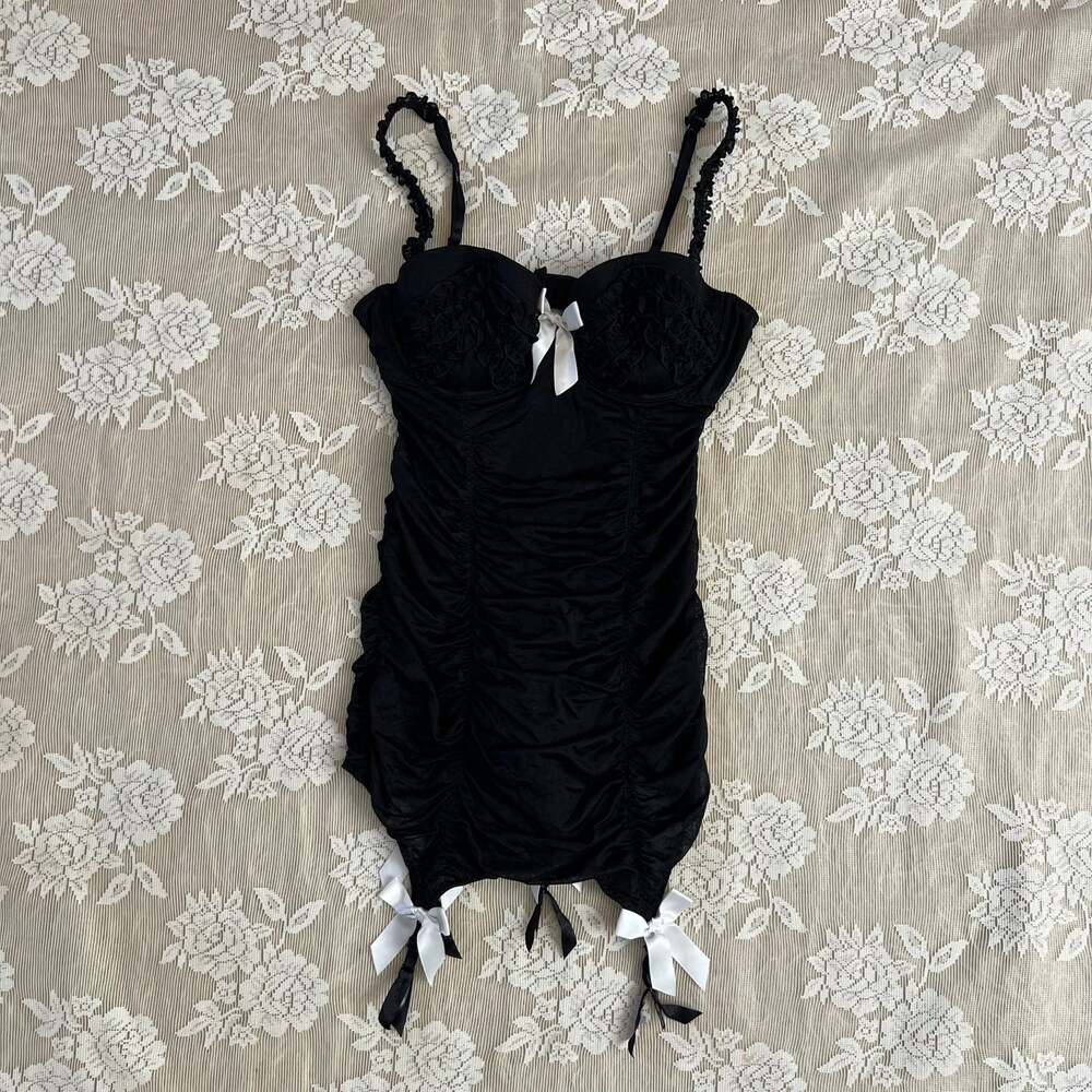 Victoria’s Secret Black Ruched Lace Bustier Slip Dress 36B